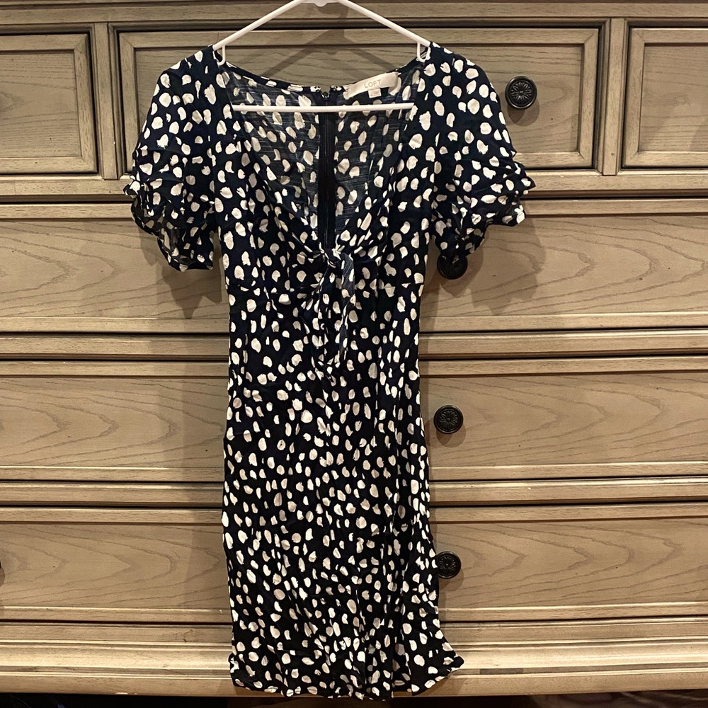 LOFT Black and Cream Patterned Mini Dress